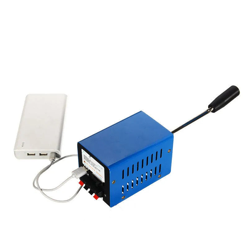 Blue metal hand crank emergency power generator with USB port, shown with user manual.