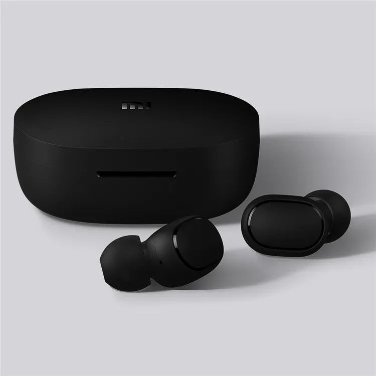 Black Redmi AirDots 2 true wireless earbuds with their compact charging case.