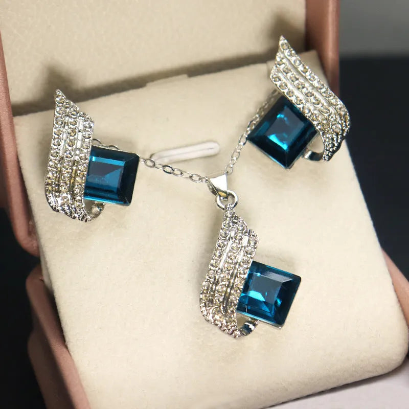 Women's electroplated alloy necklace and earrings set with glass pendant in European American style
