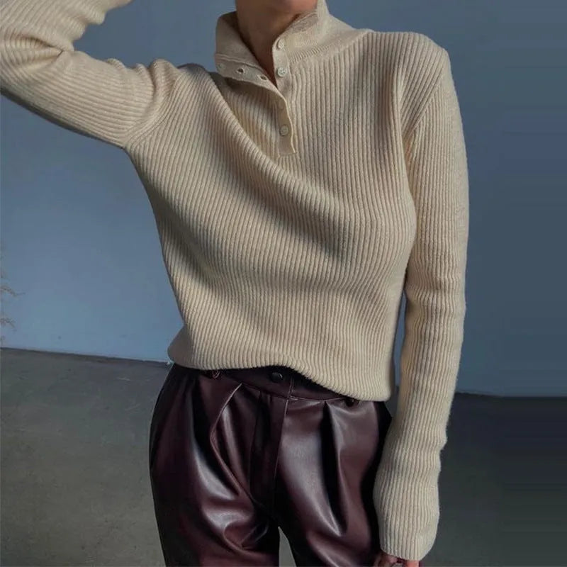 Women's silver gray retro single-breasted half turtleneck pullover sweater slim fit