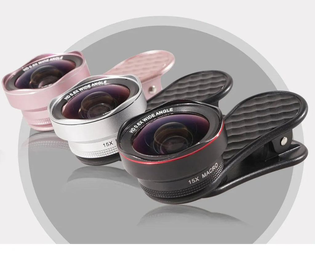 Mobile phone external camera lens kit with wide-angle and macro lenses, universal clip, and storage box