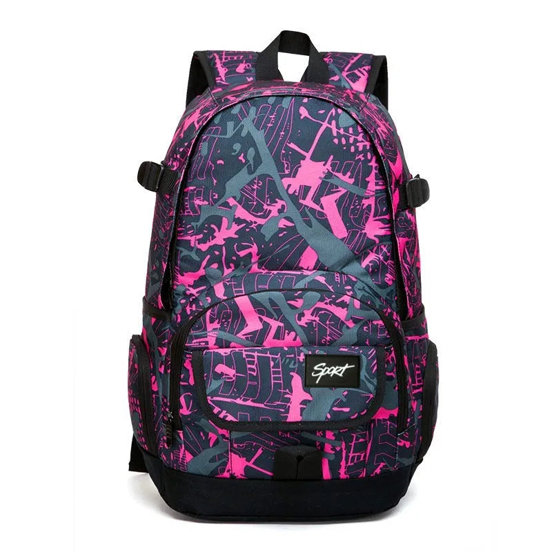 A blue classic nylon backpack with large capacity, showing padded straps and a front pocket.