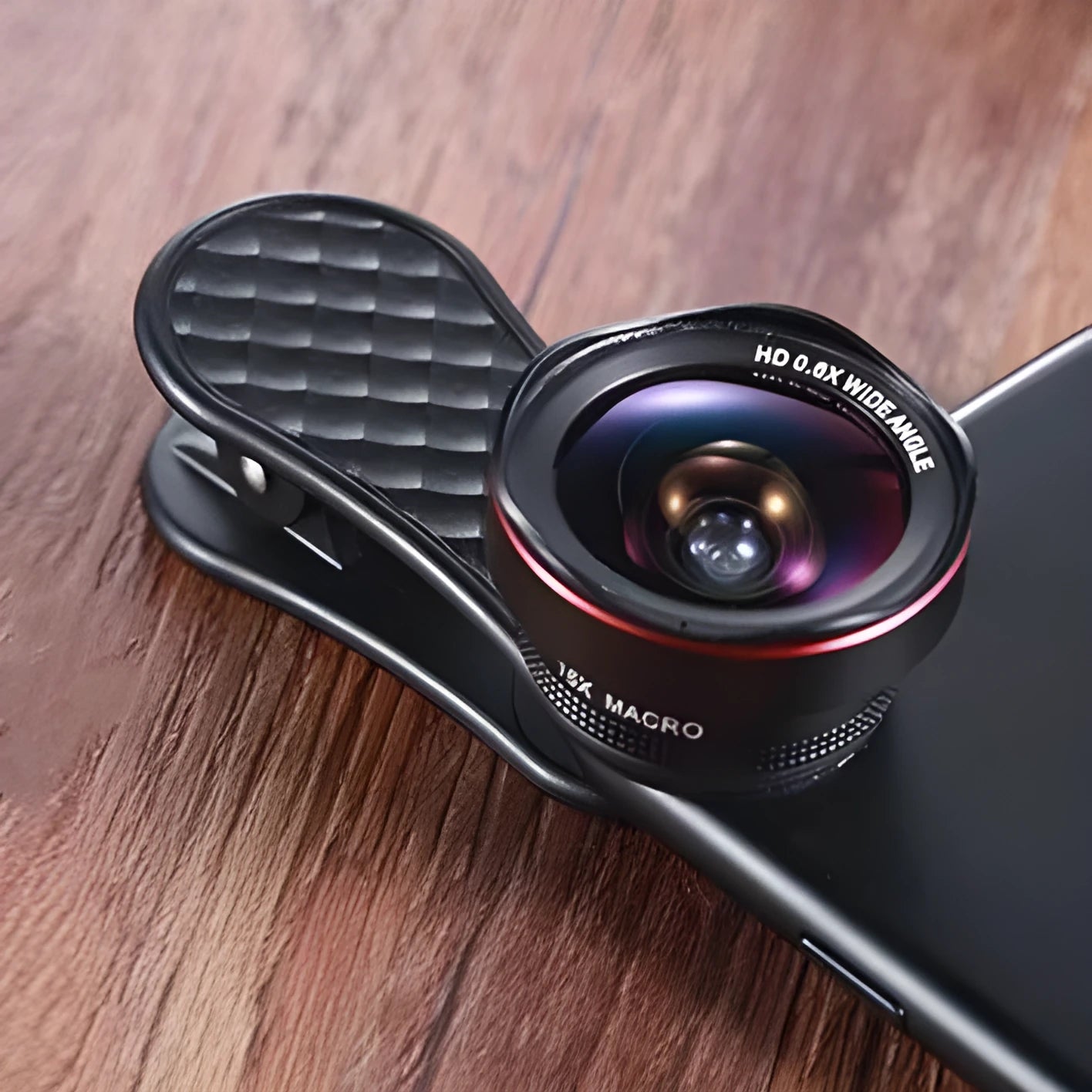 Mobile phone external camera lens kit with wide-angle and macro lenses, universal clip, and storage box