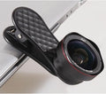 Mobile phone external camera lens kit with wide-angle and macro lenses, universal clip, and storage box