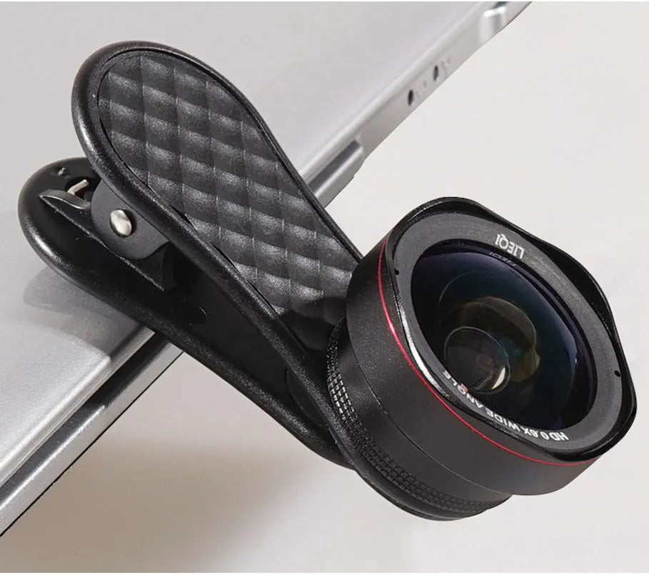 Mobile phone external camera lens kit with wide-angle and macro lenses, universal clip, and storage box