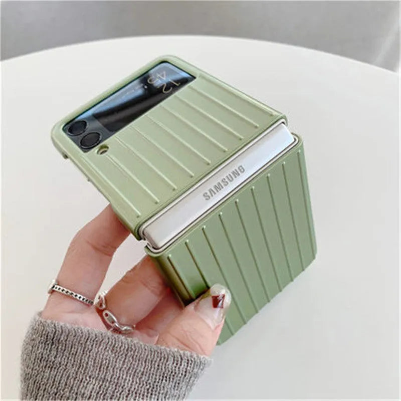 Samsung Z Flip3 flip case in PC material showing colour options: black, red, pink, silver, gold, blue, green.