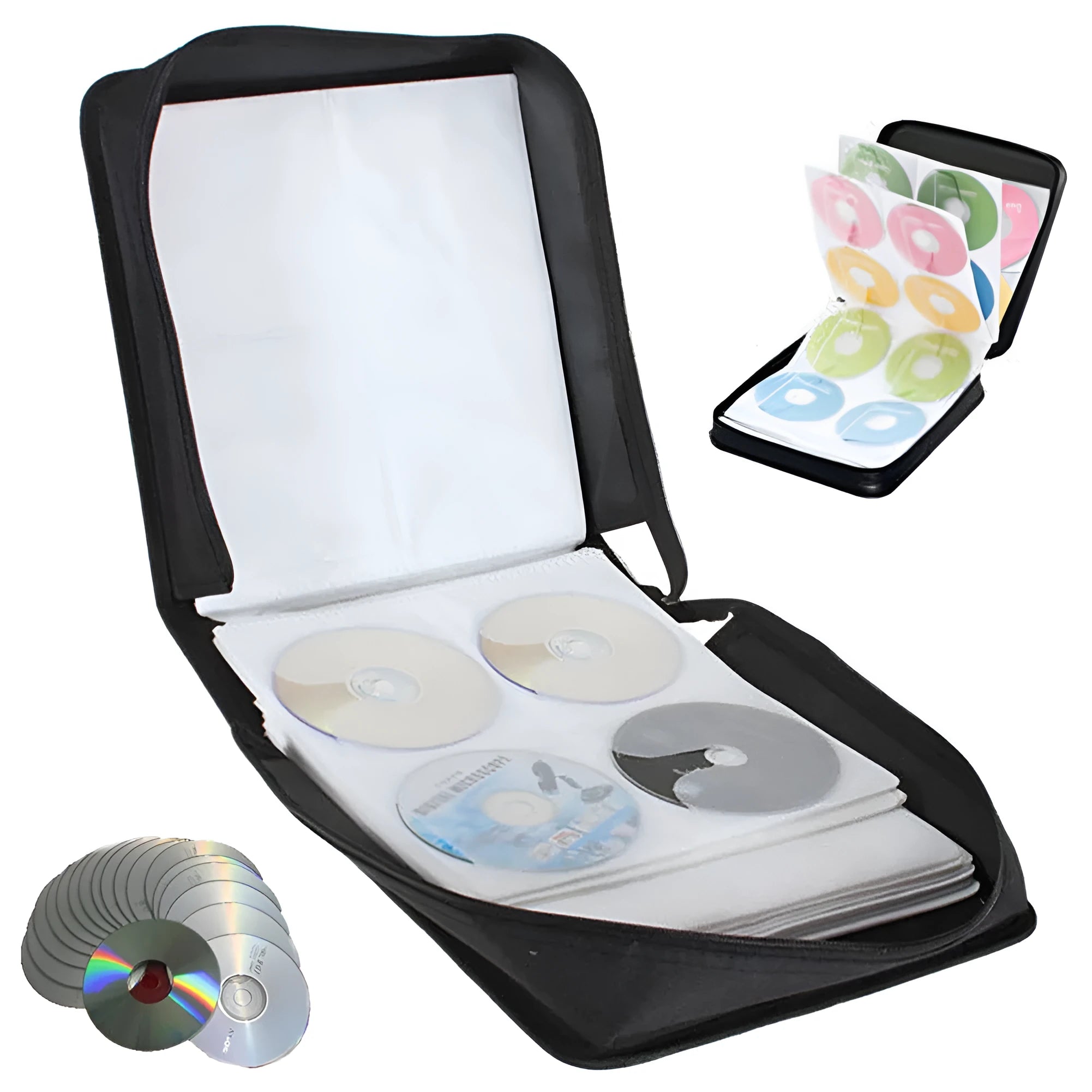 Black Oxford fabric CD storage binder with zipper and top carry strap