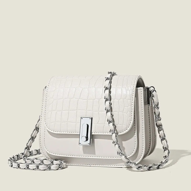 Women's soft PU chain shoulder bag in horizontal square shape with chain strap and sandwich pocket