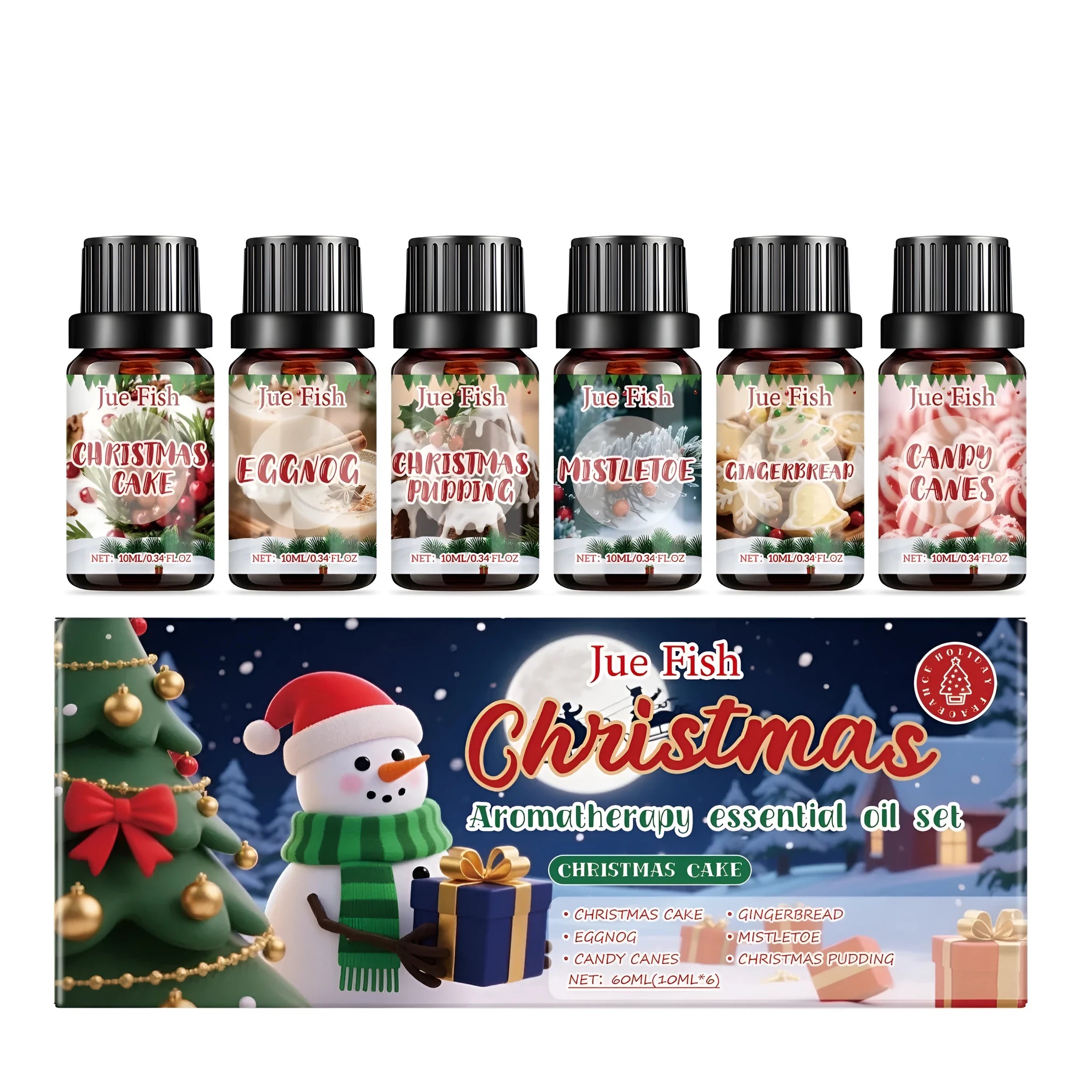 Christmas aromatherapy essential oil set with six 10ml bottles displaying festive scents