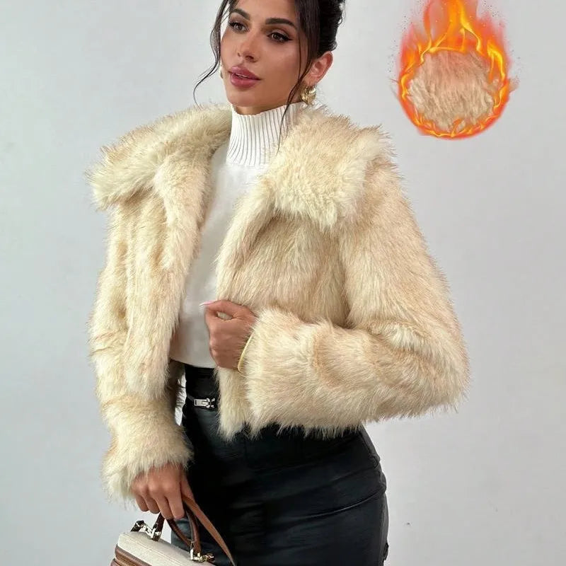 Artificial fur coat with faux fox fur collar in short 40cm length available in multiple colour options