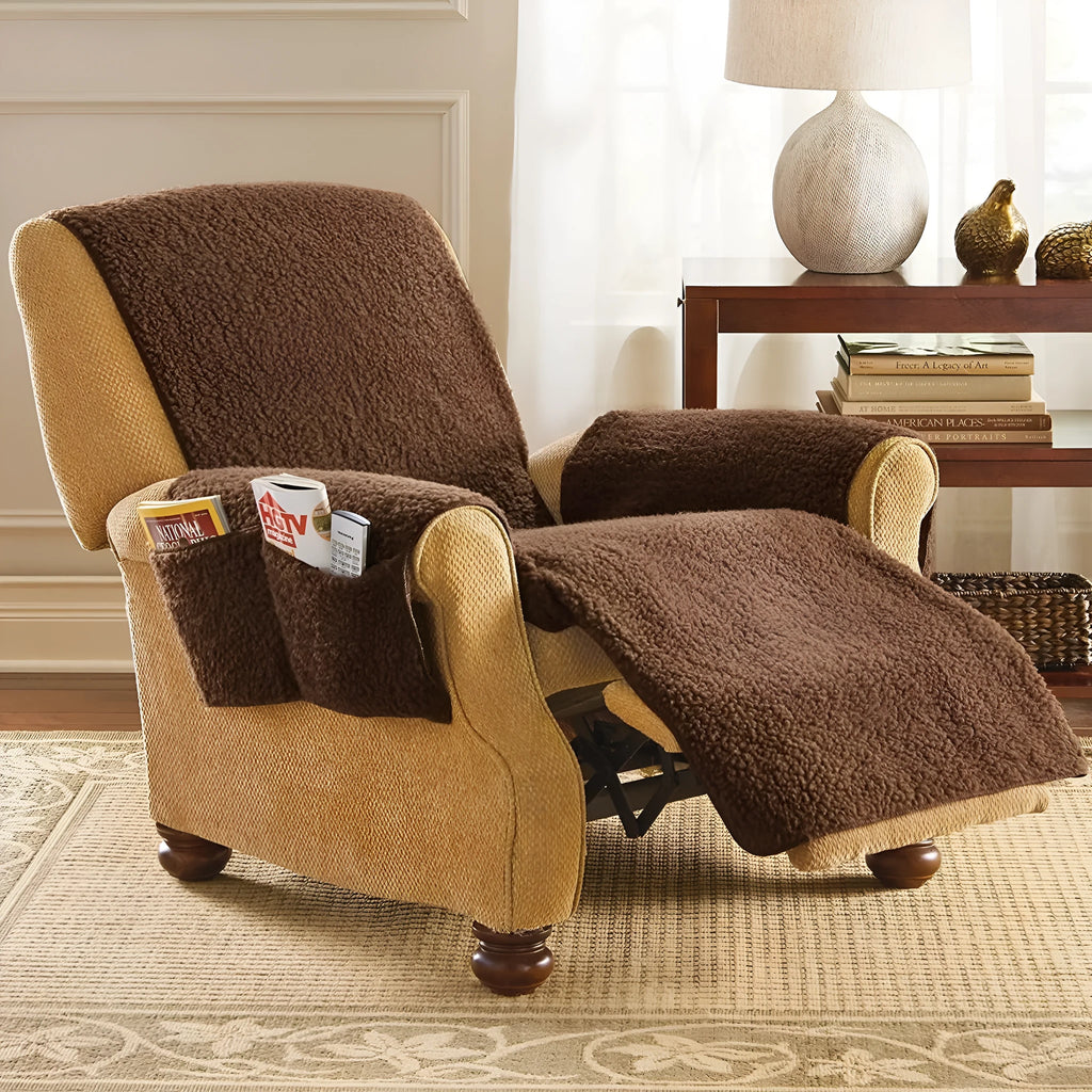 Lambswool textured sofa slipcover in beige colour on a sofa cushion.