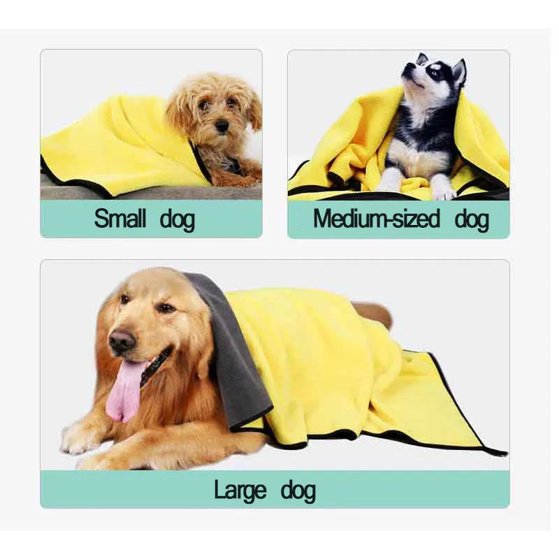 Yellow microfibre absorbent towel with strong water absorption, double-sided, available in four sizes for pet drying and cleaning