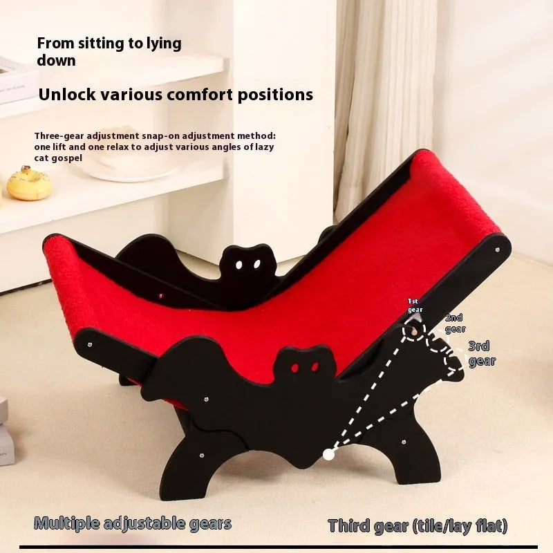 Black and red Halloween bat design wooden cat recliner bed, model MW-054, on a white background.