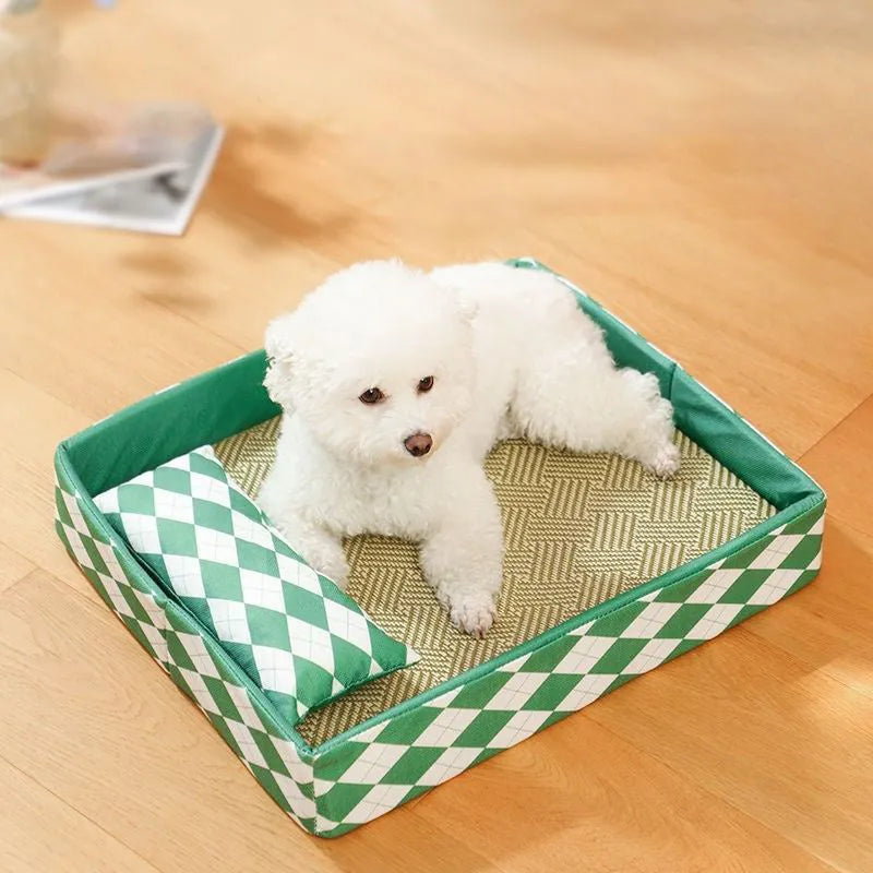 Blue rattan cat litter mat serving as a fixed bed in a home setting.