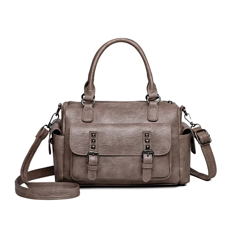 Large vintage-style PU leather messenger bag in a horizontal square shape with contrast stitching.