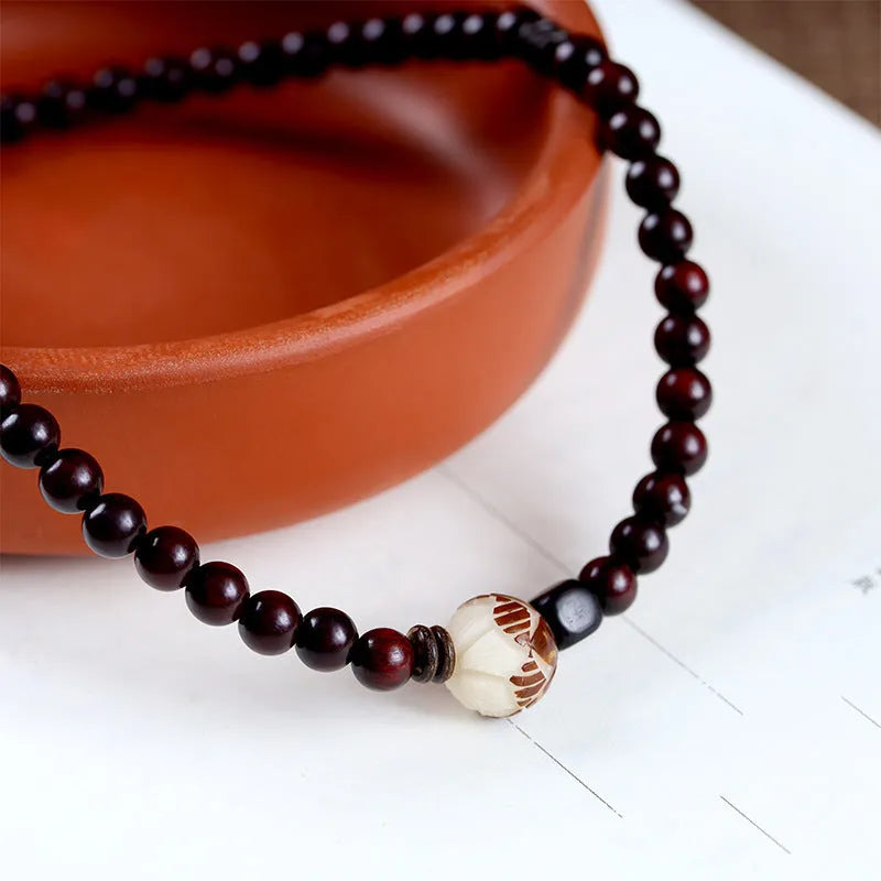 Natural rosewood bracelet with double-ring design, retro floral beads, 10mm, unisex