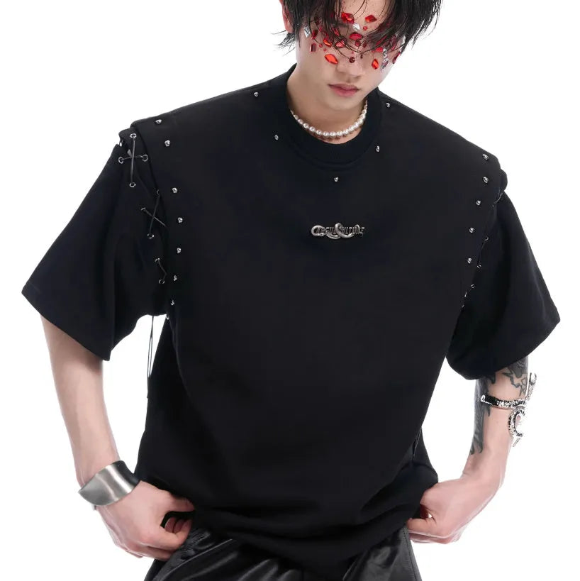Women's lace-up cutout short sleeve T-shirt in black cotton-polyester blend