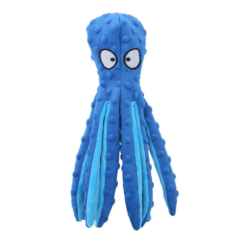 Blue no stuffing octopus squeaky toy with crinkle paper and BB call for dogs, made from crystal soft mesh, 32cm long