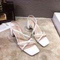 Women's thick heel Roman sandals in apricot colour with over 8cm wedge heel and backless design