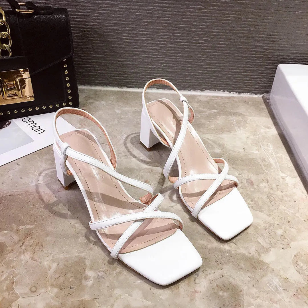 Women's thick heel Roman sandals in apricot colour with over 8cm wedge heel and backless design