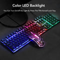 Black USB wired backlit keyboard and mouse set with multimedia keys on a desk