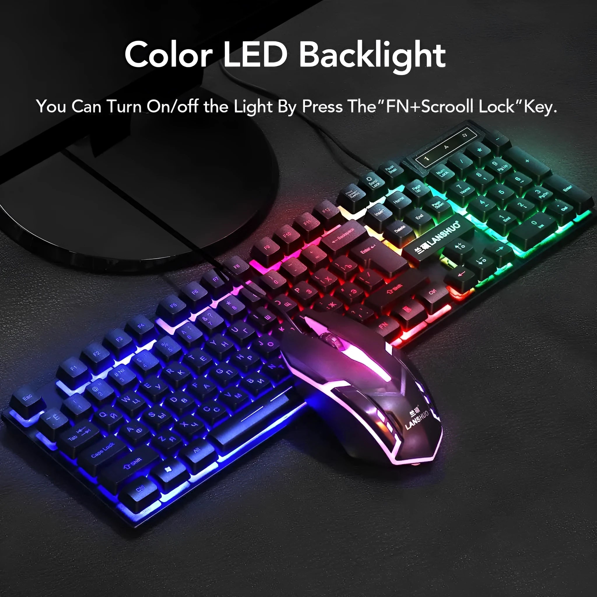Black USB wired backlit keyboard and mouse set with multimedia keys on a desk