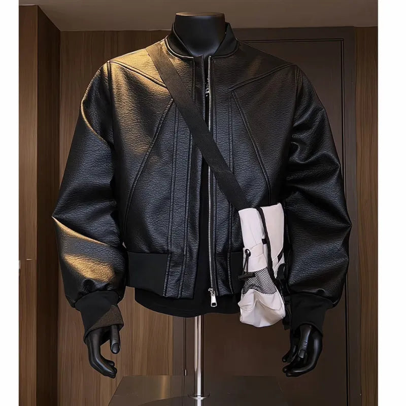 Men's black PU leather jacket with extended 100cm length and litchi grain texture