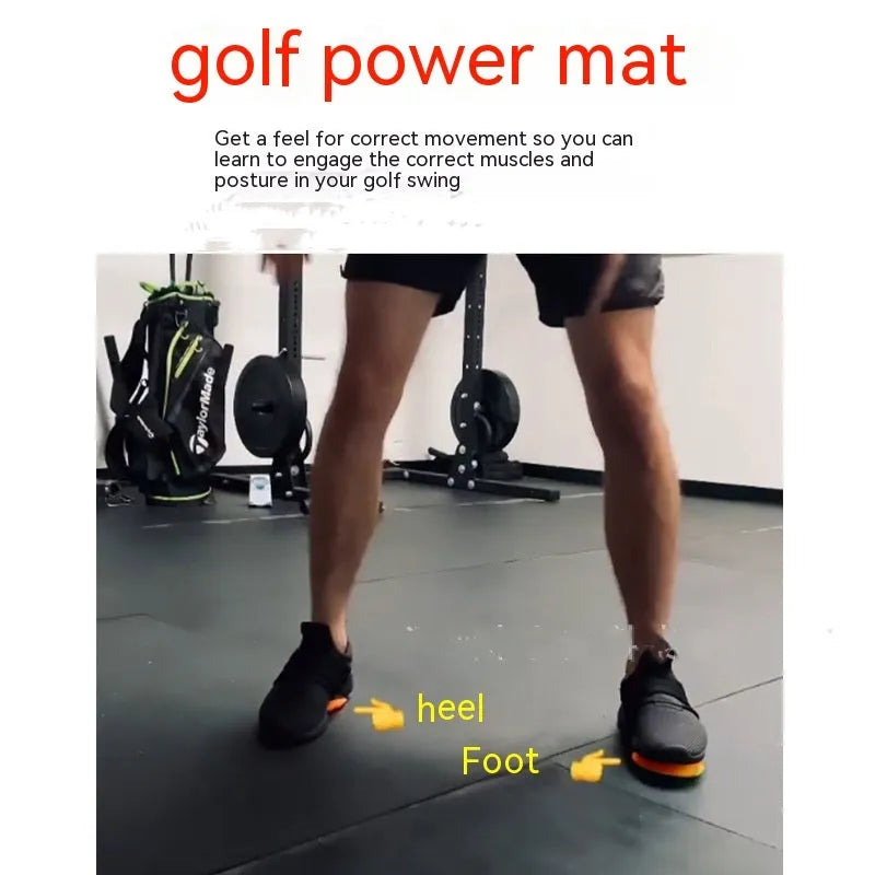 Orange natural rubber golf training mat with centre of gravity trainer for swing practice