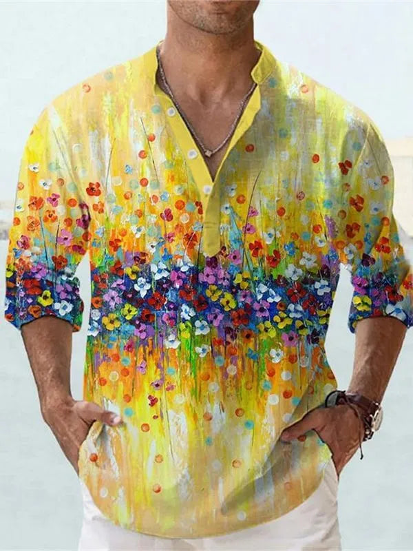 Man wearing a striped short sleeve bamboo hemp shirt in British style with 3D digital print.