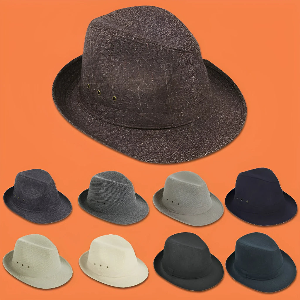 A men's brown fedora hat made from thickened suit material on a grey background.