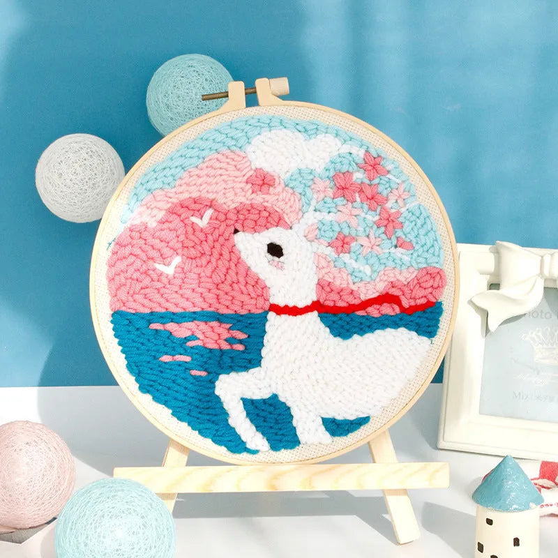 Handmade embroidery DIY material kit with cute cartoon flamingo design on linen fabric