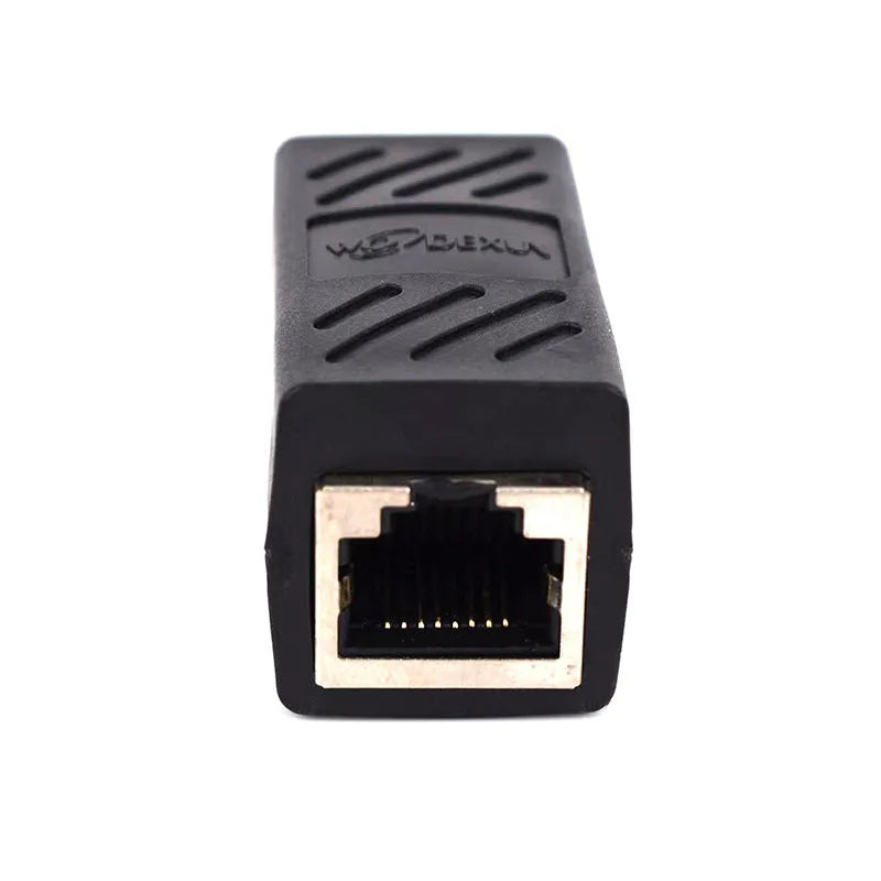 Black RJ45 female-to-female network cable extender coupler with a rotary union.