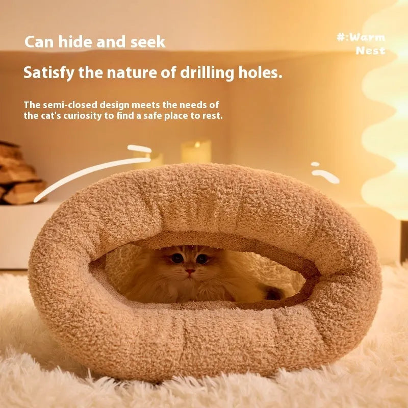 Soft plush semi-enclosed cat sleeping bag in brown with three-layer thickened design for winter warmth