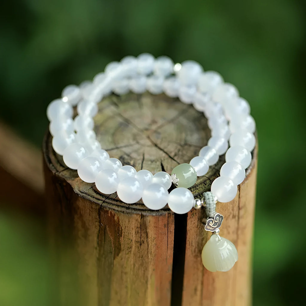 S925 silver bracelet with white agate and Hetian jade lotus design for women
