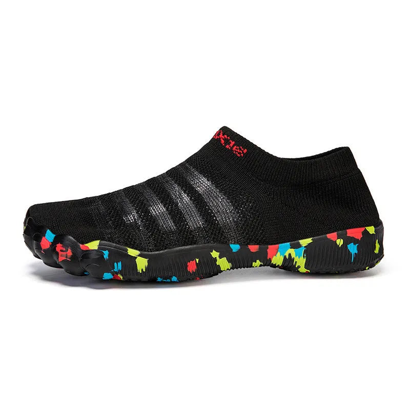 Flyknit fishing line water shoes in camouflage pattern with rubber sole and lace-up front.