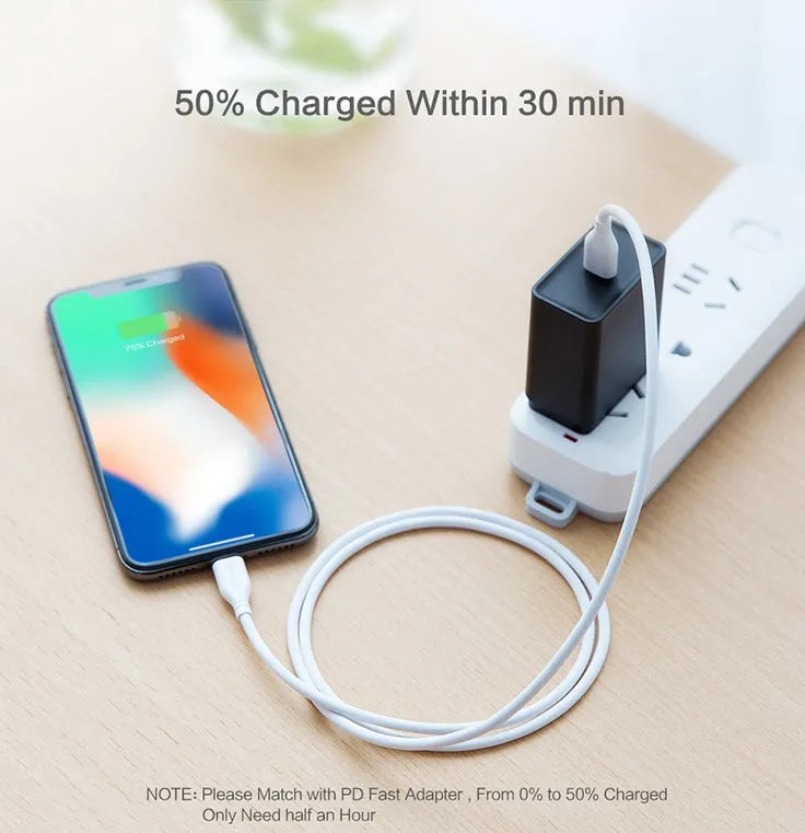 White braided USB-C to Lightning cable with reinforced connectors shown at 0.5m length