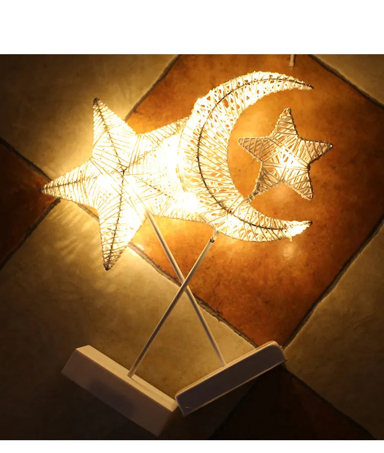 Rattan LED decorative lamp in star, heart or moon shape with warm white illumination