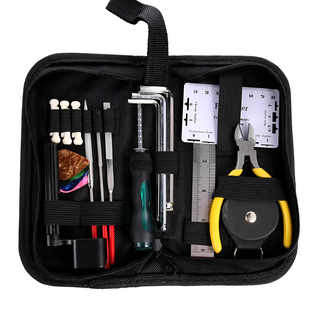 Black plastic guitar repair tool kit case open showing metal maintenance tools for guitar bass mandolin banjo