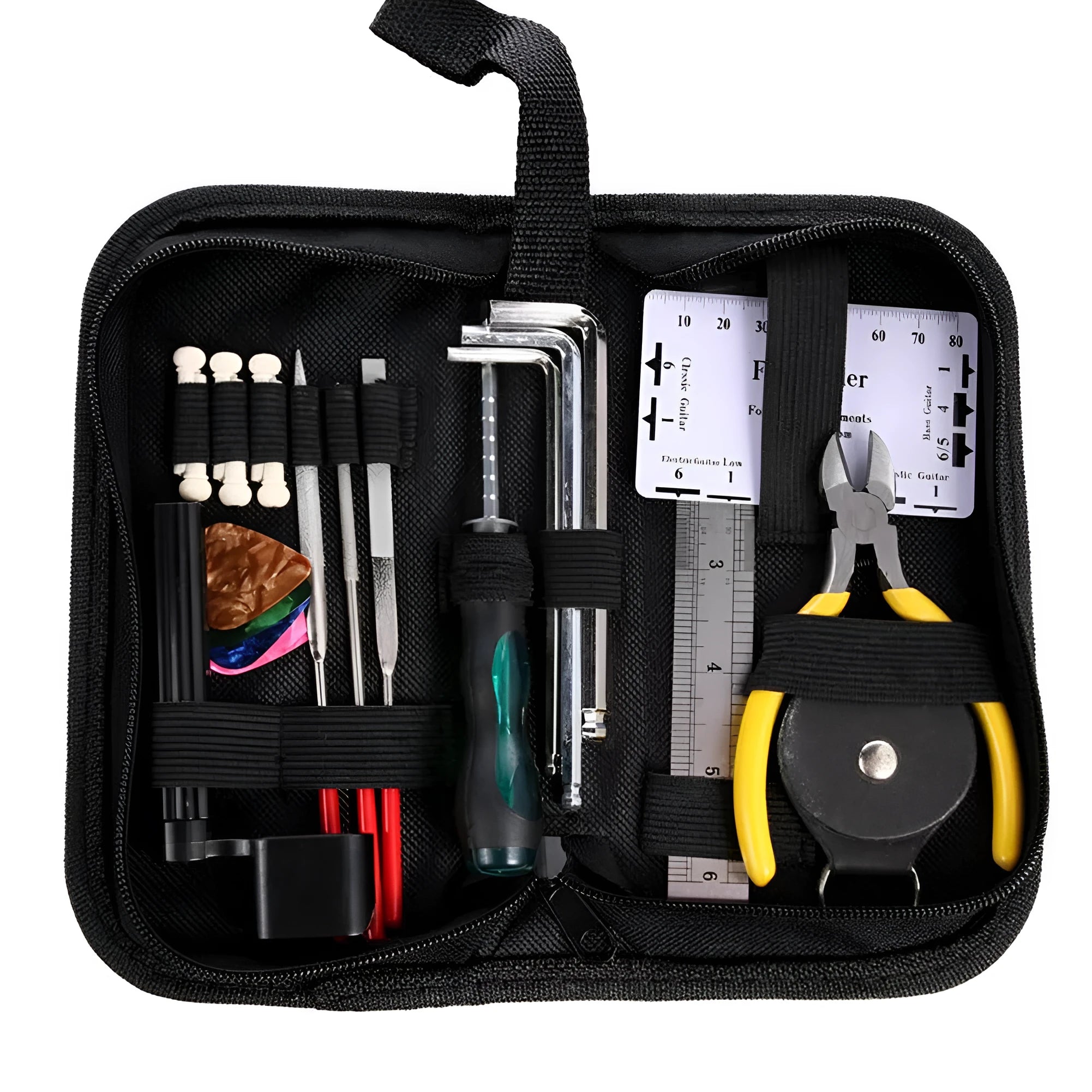 Black plastic guitar repair tool kit case open showing metal maintenance tools for guitar bass mandolin banjo