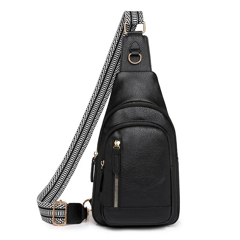 Women's small chest messenger bag in soft PU leather with open pocket and sewing thread detailing