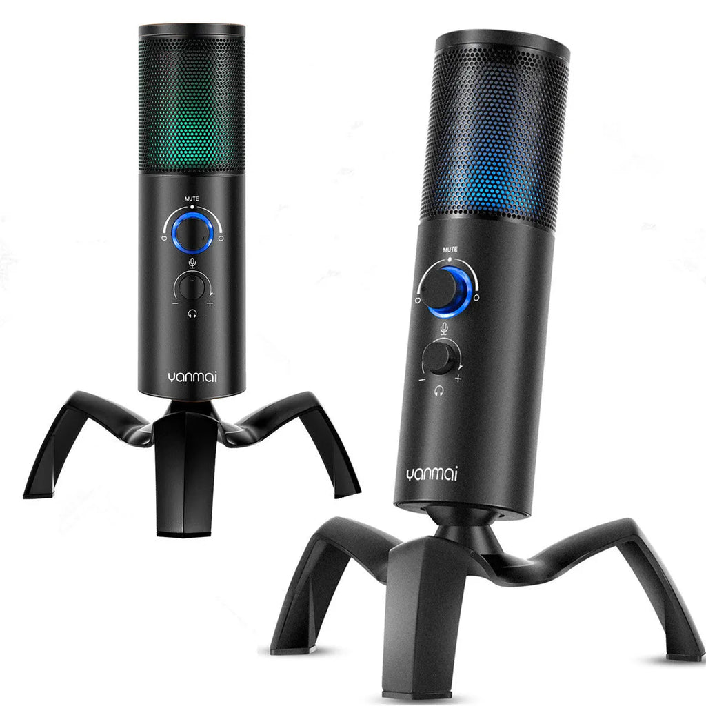 Black USB condenser microphone with RGB lighting on adjustable metal tripod
