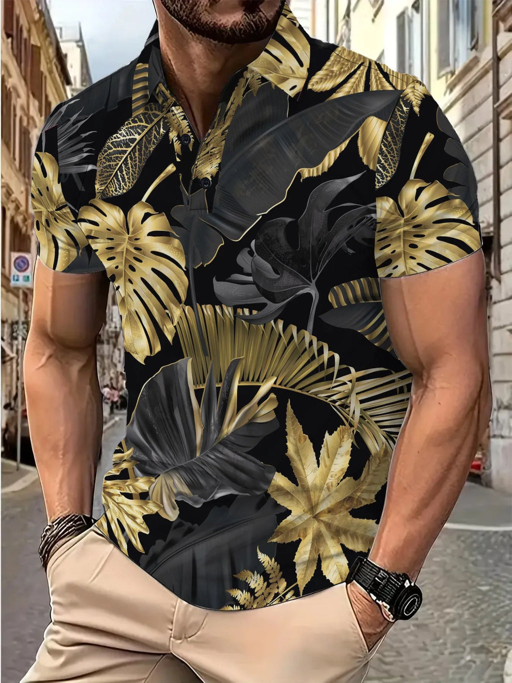 Men's gold tropical plant pattern short sleeve polyester shirt, front view, summer casual top