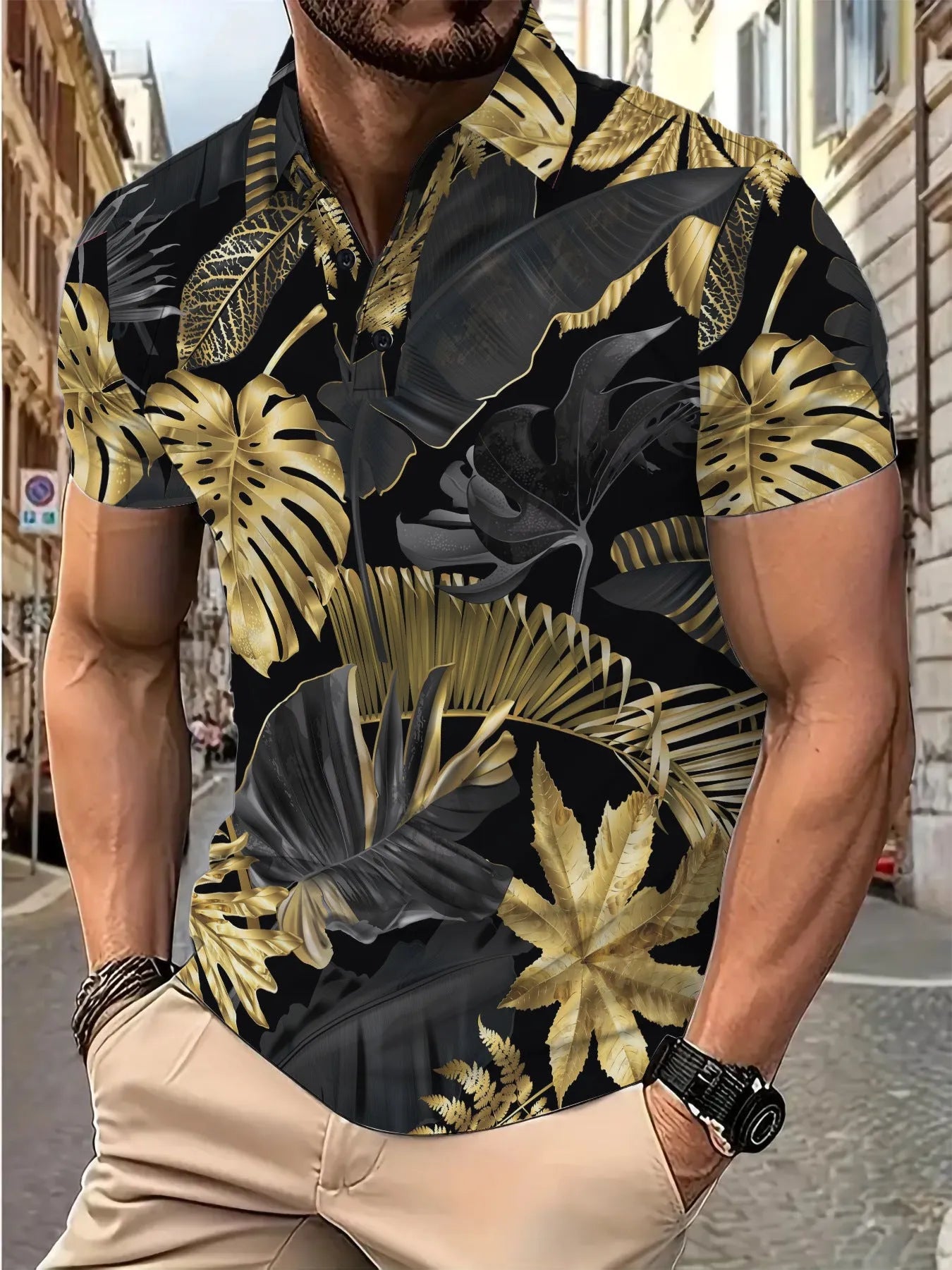 Men's gold tropical plant pattern short sleeve polyester shirt, front view, summer casual top