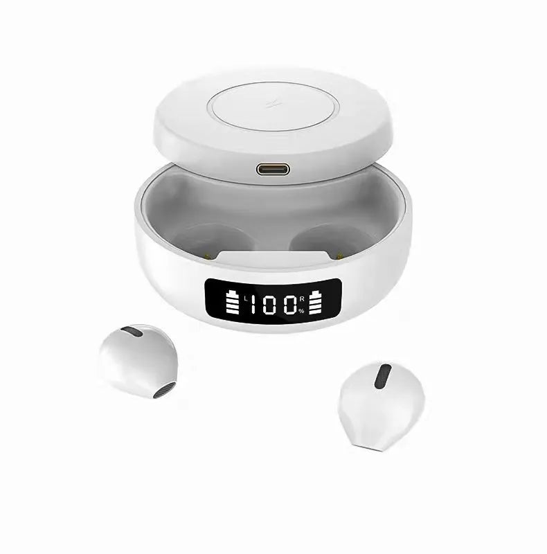 Mini semi-in-ear wireless headphones with charging case in black, white or blue colours