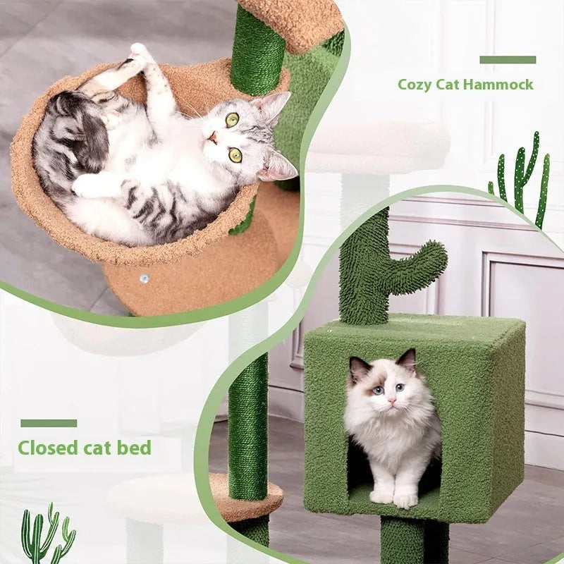 Wooden cat climbing frame with platform shelf cactus green colour 43x33x87cm simple style