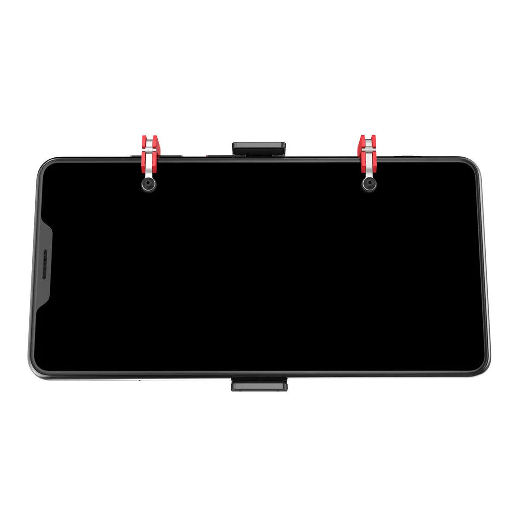 Black mobile gaming phone mount bracket with an extended metal trigger and telescopic clamping clip.