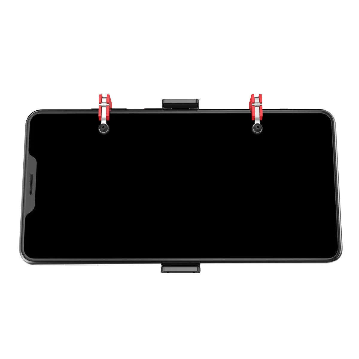 Black mobile gaming phone mount bracket with an extended metal trigger and telescopic clamping clip.