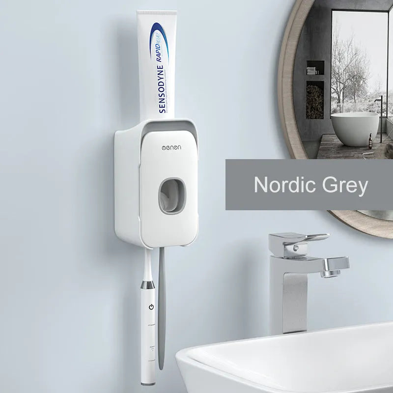Automatic toothpaste dispenser wall unit in blue, grey or pink ABS plastic