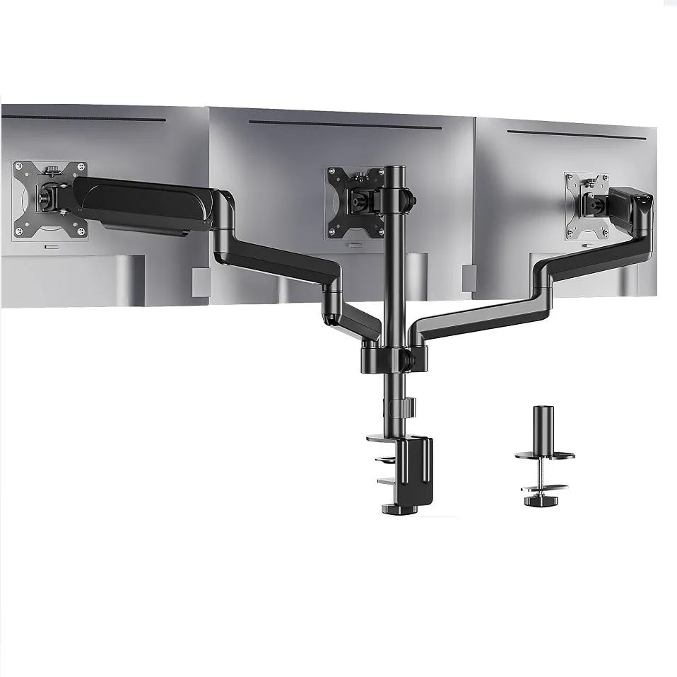 Black three-arm gas spring monitor mount for 27-inch computer screens