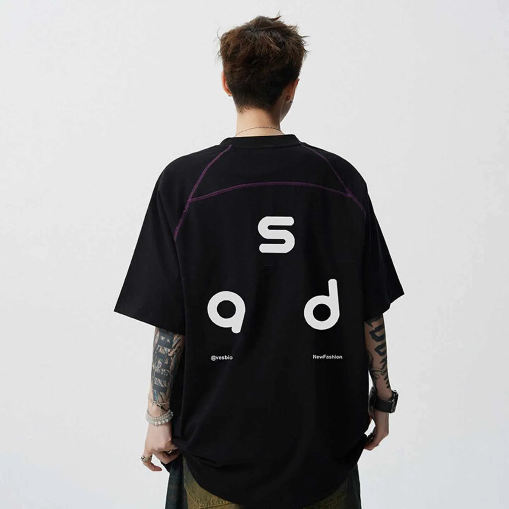 Cotton letter print short-sleeve t-shirt in black, loose fit, round neck, 100% cotton